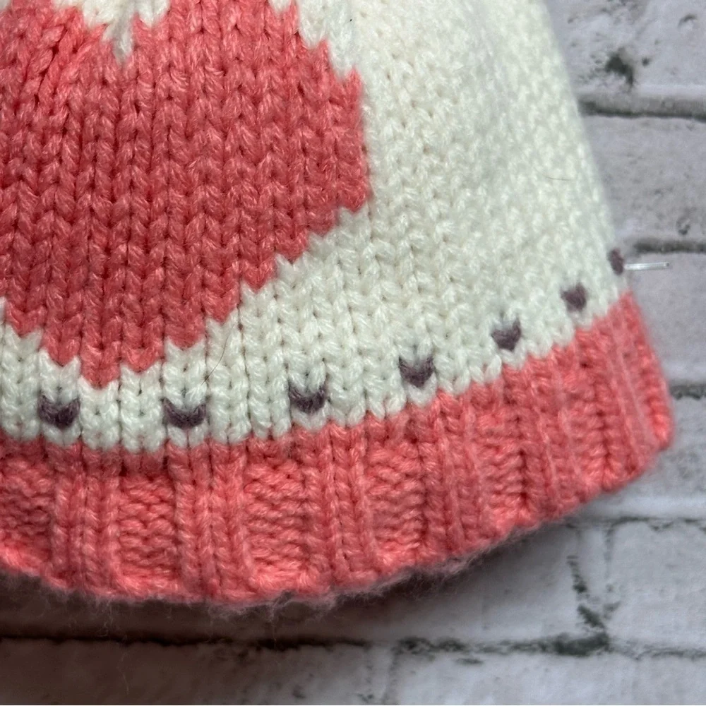 Knit Lined Winter Toddler Hat Pink Heart Pom Pom Toboggan Beanie 9.5